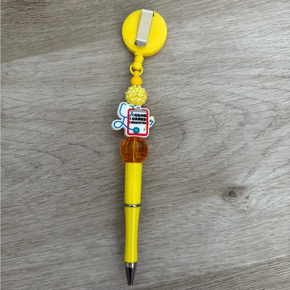 Nurse Yellow Clip-On Beaded Pen Retractable Black Ink Charting Pen Gift